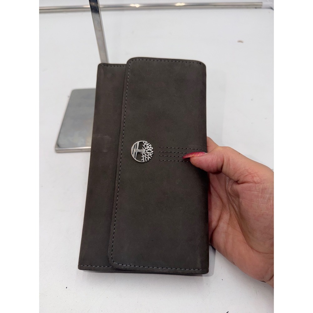 Timberland Womens Genuine Leather Trifold Clutch Wallet Gray Tree Logo Emblem - Picture 2 of 10